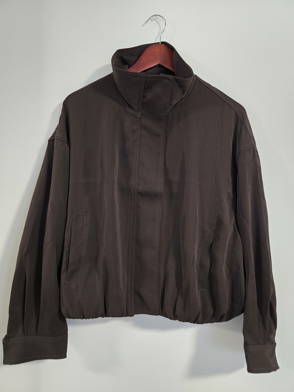 MAX STUDIO LONDON Bubble Hem Crop Chocolate Brown Jacket Bomber Size M